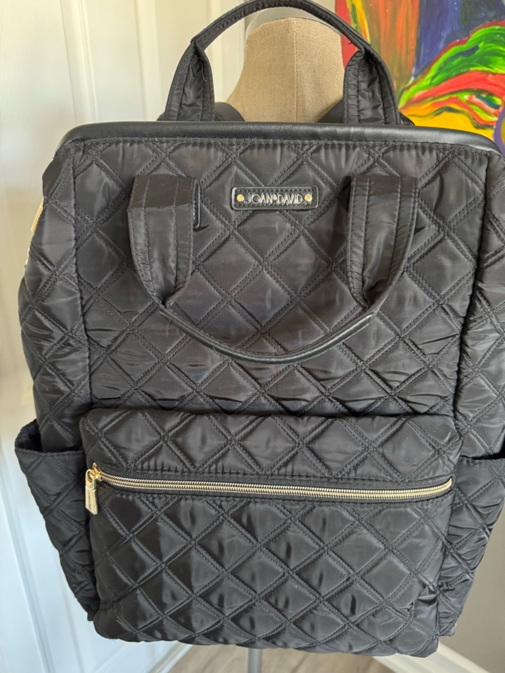 Joan & David Black Quilted Women’s Backpack Tote with Gold Zipper